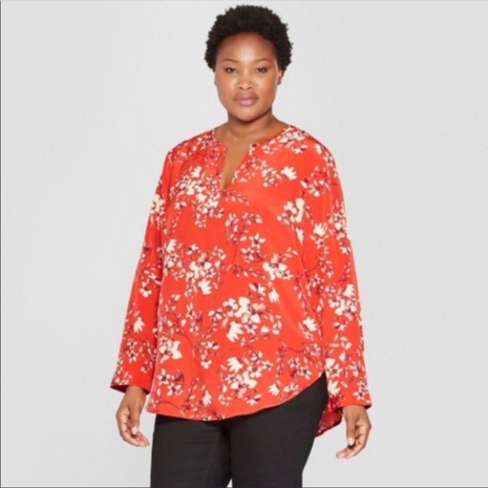 Ava & Viv Size 3X Red Floral Print Long Sleeve Blouse